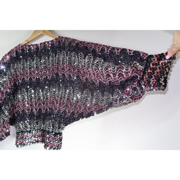 Unique 80s Vintage Studio 54 Black Purple Sequin Zigzag Batwing Disco Large - Picture 3 of 8